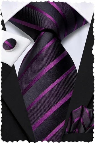 Miniatura 160 de Hi-Tie Corbatas de seda para hombre, diseño de cachemira a rayas, con bolsillo, gemelos cuadrados, conjunto formal de negocios