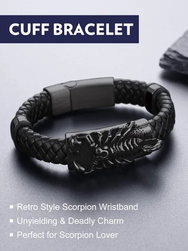Miniatura 8 de Bandmax Pulsera trenzada de cuero negro para hombre con colgante gótico punk, pulsera de cuero con hebilla de acero inoxidable, paquete de regalo