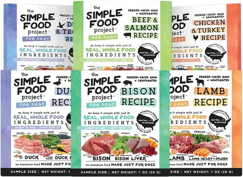 Simple Food Project The Freeze Dried Raw Dog Food Topper con ingredientes orgánicos de grado humano [paquete de 6 variedades, muestras de 1 onza de