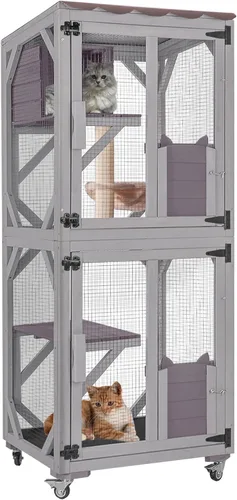 Cat Catio - Recintos para gatos al aire libre, casa móvil para gatos con ruedas de ejercicio, jaula para gatos con caja de descanso mejorada, Gris
