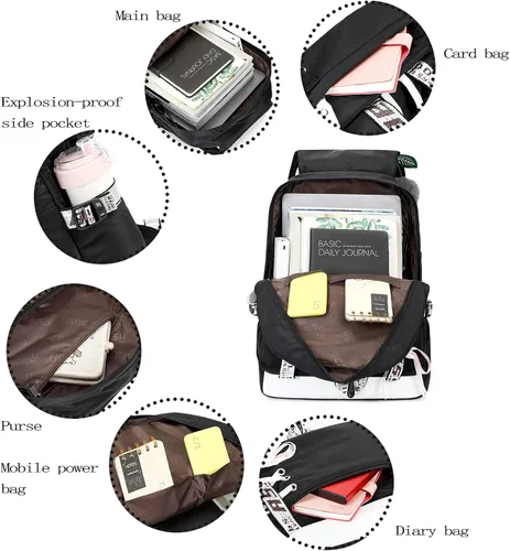 Miniatura 4 de Mochila Asge escolar, informal, para libros, de uso diario, para niña, negro 2), ASGE-BB-03