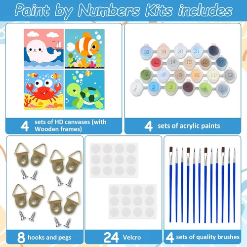 Miniatura 7 de EOBROMD Mrine Life - Paquete de 4 kits de pintura enmarcada por números para niños, kits de bricolaje para niños de 4 a 8 a 12 años, pintura sobre