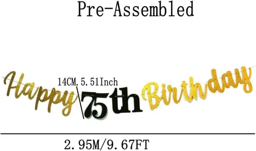Miniatura 2 de Cartel de feliz cumpleaños 75 con purpurina, cartel de feliz cumpleaños 75 negro y dorado, suministros de decoración de fiesta de cumpleaños 75