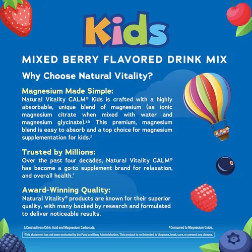 Miniatura 4 de Natural Vitality Kids Calm Magnesio 16oz Polvo Mezcla de bebida con sabor a bayas mixtas Apoya un estado de ánimo equilibrado y un desarrollo