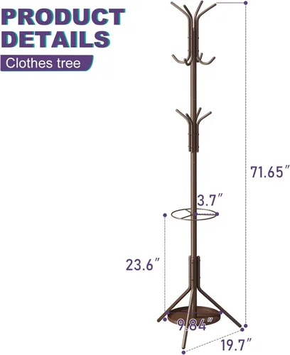 Miniatura 2 de Perchero independiente, soporte para colgar la entrada, soporte para paraguas, árbol de pasillo con 12 ganchos, soporte de árbol de metal de pie