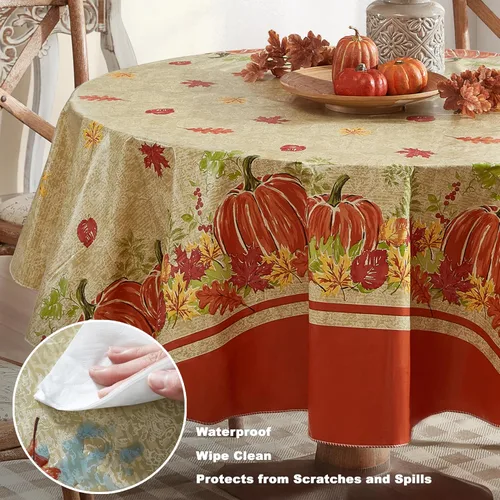 Miniatura 3 de Newbridge Mantel de vinilo de franela con estampado de calabaza de cachemira, diseño de calabaza y hojas de otoño, mantel de vinilo de fácil cuidado
