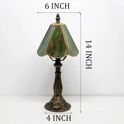 Miniatura 2 de Small Tiffany Table Lamp Amber Green Stained Glass Desk Lamps 6X6X14 Inch Bronze Resin Base Antique Mini Accent Light