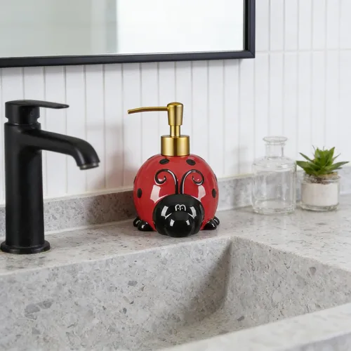 Miniatura 5 de RQYIXI Dispensador de jabón de cerámica de mariquita de 17 onzas con bomba de ABS, dispensador de jabón líquido recargable para loción, gel de baño