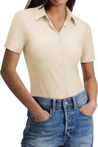 Gleeivy Camisas con botones para mujer, ajustadas, de manga corta, elásticas, para el trabajo, sin arrugas, blusas de oficina