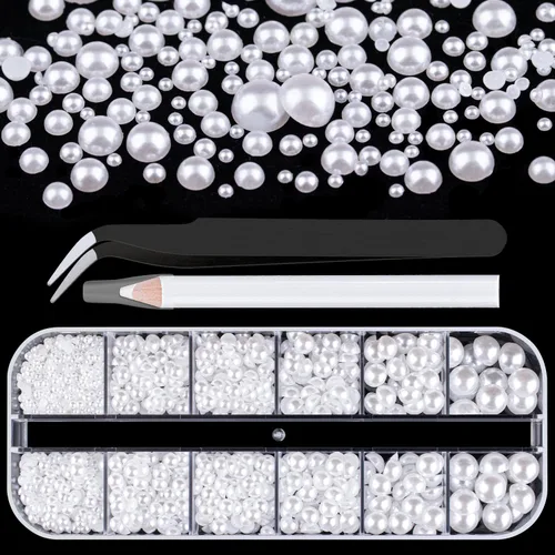 Miniatura 15 de Kit de 2700 perlas con parte trasera plana, 1 caja de color blanco con parte trasera plana + 1 caja de perlas pequeñas de color beige medio redondo