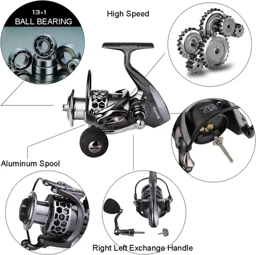 Miniatura 2 de Sougayilang Carrete de pesca 13+1BB peso ligero ultra suave aluminio Spinning carrete de pesca con carrete de grafito de repuesto gratis