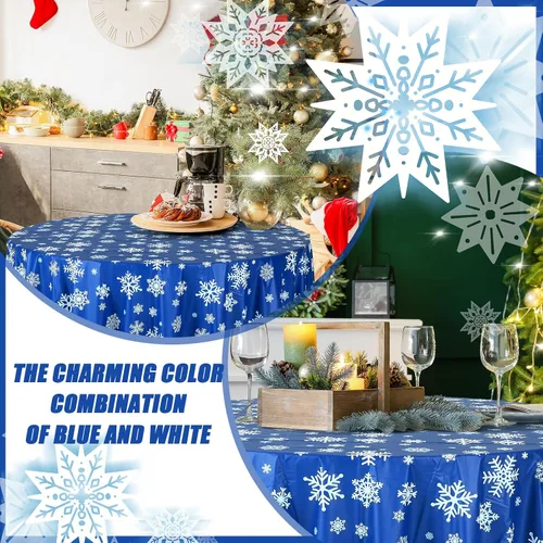 Miniatura 4 de Sliner 3 Piezas Mantel de Navidad de Invierno con Copos de Nieve Mantel de Invierno Redondo de Plástico para Fiesta 83.9 Pulgadas Mantel de Navidad