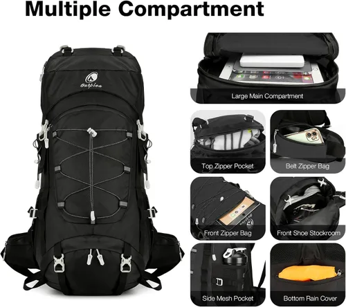 Miniatura 3 de Mochila de senderismo de 60 L con cubierta para lluvia, mochila larga impermeable para hombres y mujeres, mochila de mochila, mochila grande