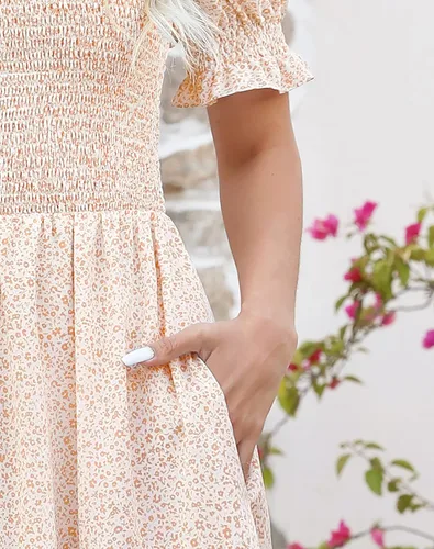 Miniatura 5 de Zattcas Vestido casual de verano 2023 para mujer, manga corta abombada, bohemio, fruncido, escalonado, modesto, floral, vestido midi con bolsillos