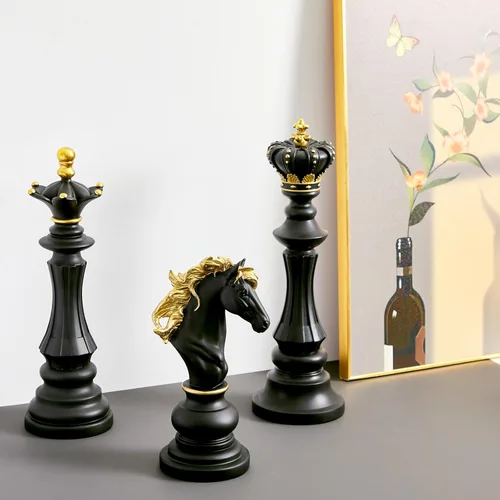 Miniatura 6 de Juego de 3 piezas de decoración de estatua de ajedrez grande, rey y reina, caballero, pieza de ajedrez, escultura, adorno coleccionable