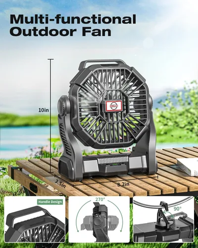 Miniatura 2 de AEscod Ventilador de camping portátil, recargable con luces LED, gancho para colgar, rotación de 270°, ventilador de batería de 20000 mAh