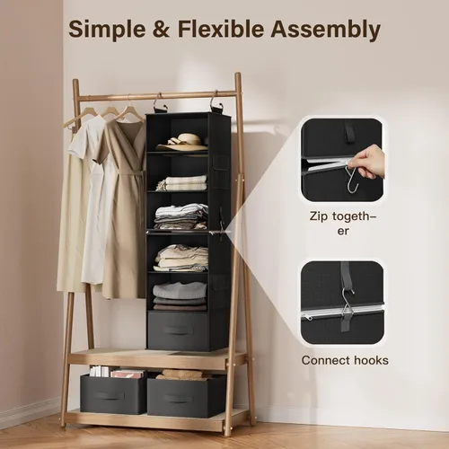 Miniatura 4 de Pipishell Organizador colgante de armario de 6 estantes con 2 estantes separables de 3 niveles, 3 cajones y bolsillos laterales, organizadores