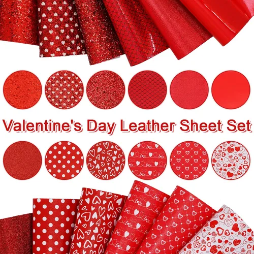 Miniatura 3 de Whaline 12 hojas de cuero sintético de San Valentín de 12 x 8 pulgadas, tela de cuero sintético con purpurina de corazón rojo, surtido de tela
