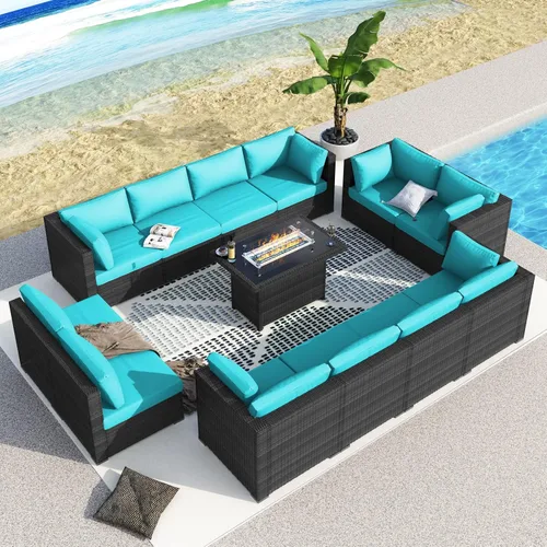Miniatura 19 de BULEXYARD Juego de 7 piezas de sofá seccional para exteriores con respaldo alto, mesa para fogatas, juego de muebles de patio de mimbre resistente a