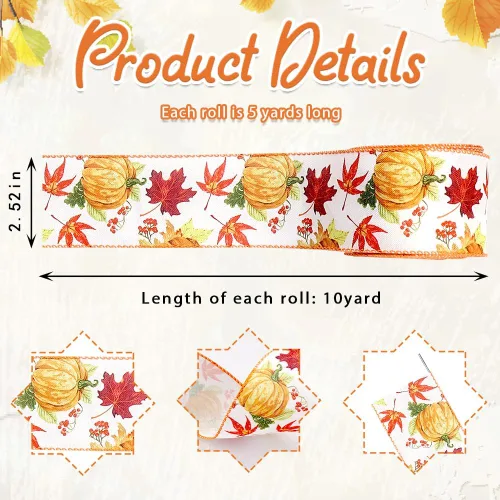 Miniatura 2 de Estivaux Cintas de otoño para manualidades y envoltura de regalos, borde con alambre de Acción de Gracias, color naranja, lazo de buralp natural