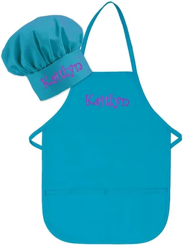 Bordado personalizado fabricado en los Estados Unidos – Añade un nombre para niño delantal y sombrero – Tallas para niños pequeños y niños Turquesa