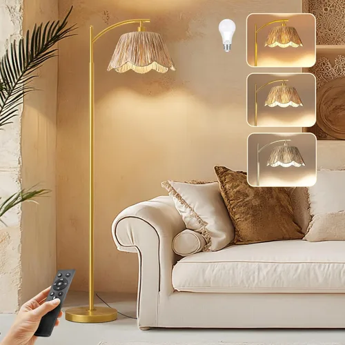 Miniatura 14 de Oneach Lámpara de pie arqueada para sala de estar, lámpara de pie de ratán boho con pantalla tejida a mano, interruptor a pedal, base y poste de Oro