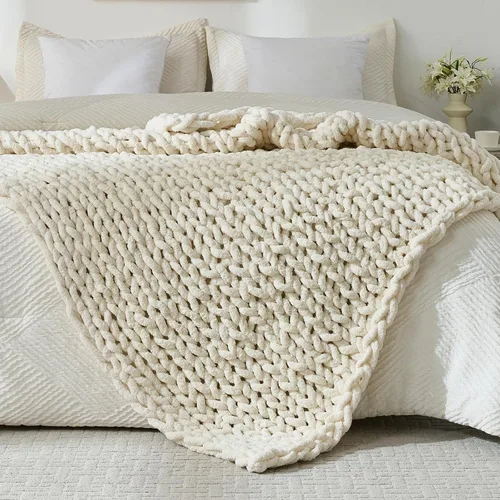 YAAPSU Manta de punto grueso para sofá, 51 x 63 pulgadas, 100 % tejida a mano con hilo de felpilla acogedor jumbo, manta de ganchillo suave con nudo