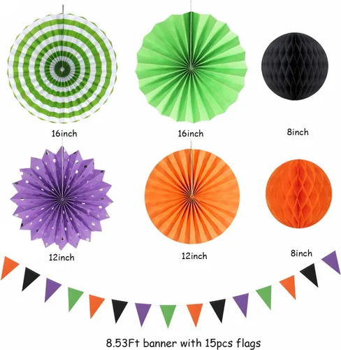 Miniatura 2 de Decoraciones de Halloween en negro, púrpura y naranja-verde - 20 piezas de linternas de papel, pompones de seda, bolas de panal, decoración