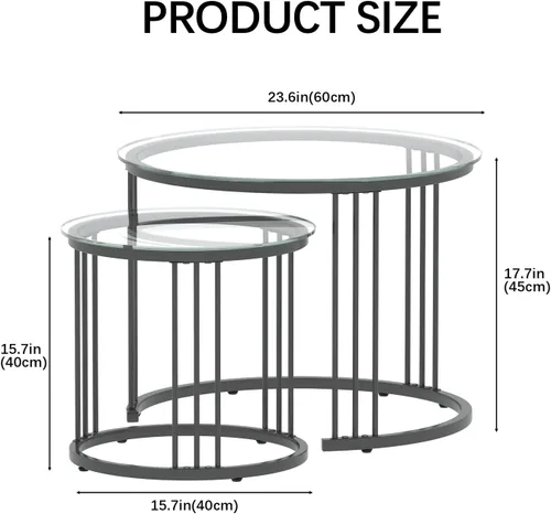 Miniatura 2 de Garden 4 you Mesa de centro anidable, mesa auxiliar redonda de 23.6 pulgadas, juego de 2, mesa anidable de vidrio con marco de metal, mesas Ceter