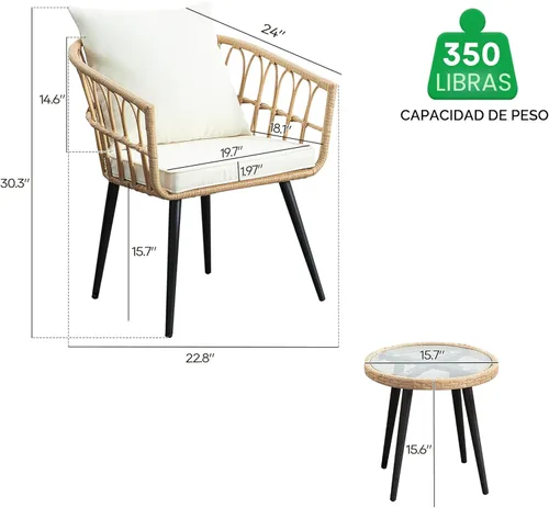 Miniatura 7 de PORWEY Juego de 3 piezas de muebles de mimbre para patio, balcón, mesa y sillas de ratán para porche, patio trasero, césped, cubierta junto a