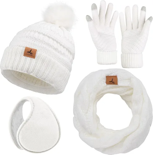 Winter Hat Scarf Gloves and Ear Warmer, Warm Knit Beanie Hat Touch Screen Gloves Set Winter Gifts Neck Scarves for Women