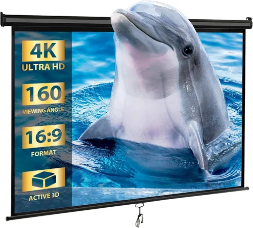 Miniatura 17 de SUPER DEAL Pantalla de proyector de 120 pulgadas, pantalla de proyección retráctil, pantalla HD desplegable manual, formato 1:1 para cine en casa