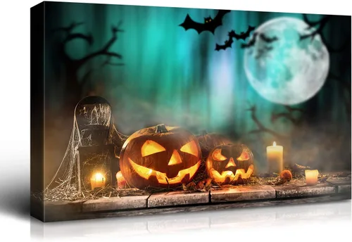Miniatura 54 de Denozer - Pintura artística de pared de Halloween, impresión artística sobre lienzo para dormitorio, sala de estar, decoración de pared del hogar