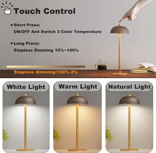 Miniatura 2 de Lámpara de mesa inalámbrica recargable – Lámpara de mesa con batería de 5000 mAh, 3 modos de color, luz de mesa LED de atenuación continua