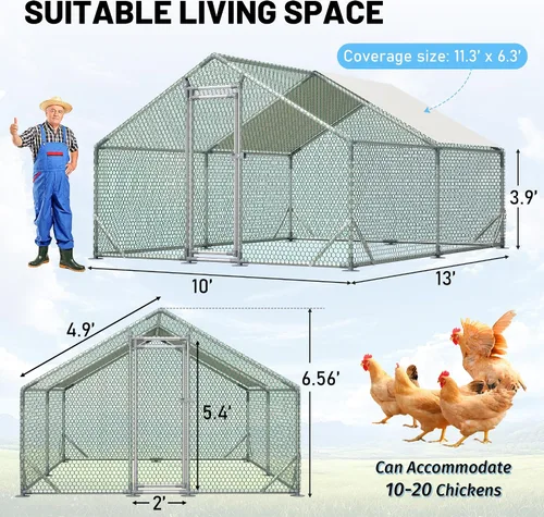 Miniatura 2 de Gallinero de metal de 13 x 10 x 6.56 pies, jaula grande para aves de corral para 10 a 20 pollos, gallinas y conejos, casa de pato con cubierta