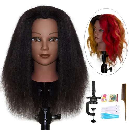 Miniatura 7 de Cabeza de maniquí afro rizado 100% cabello humano real, (10 pulgadas) negro para trenzado manual, práctica de peinado, peluquería, escuela, maniquí