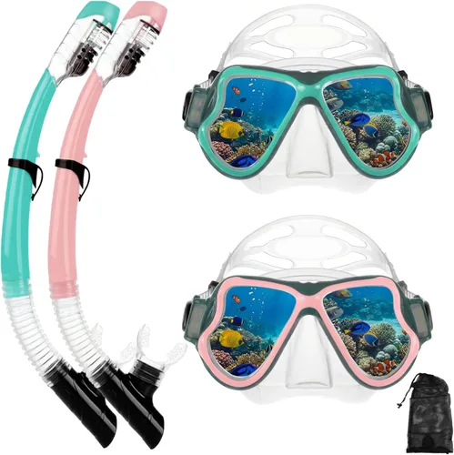 Miniatura 22 de Equipo de esnórquel para adultos, jóvenes y niños, juego de máscara de esnórquel con parte superior seca, juego de máscara de buceo antivaho