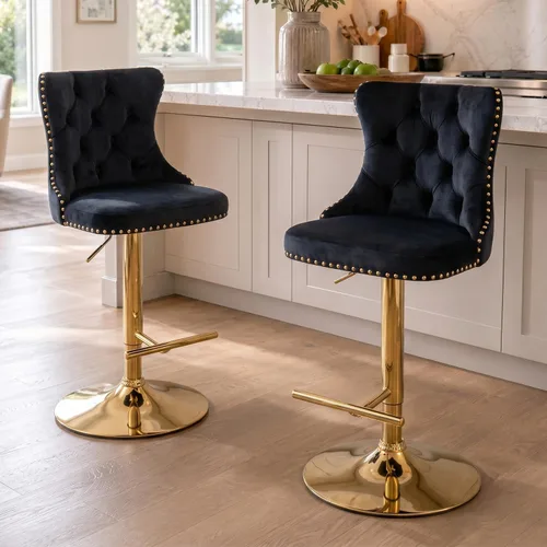 Miniatura 76 de SoarFlash Juego de 2 taburetes de bar tapizados de terciopelo moderno con patas de madera, botones acolchados, cabeza de clavo cromada, asiento