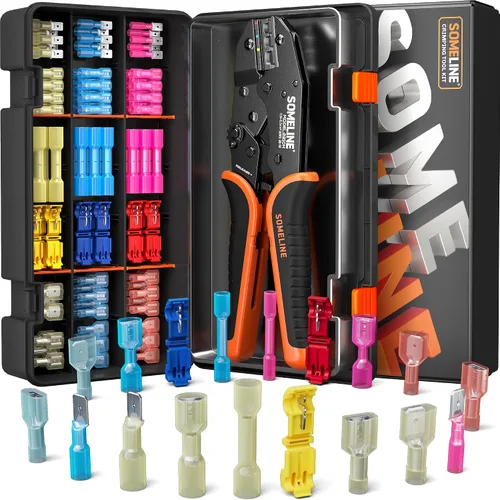 Miniatura 15 de SOMELINE - Herramienta de crimpado para kit de conectores termorretráctiles, con conectores termorretráctiles de extremo calibre 22-10 de grado