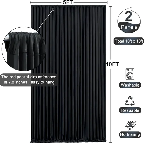 Miniatura 5 de Paneles de cortinas de fondo negras de 10 pies x 10 pies para fiestas, fiestas de cumpleaños, sin arrugas, cortinas de telón de fondo de tela