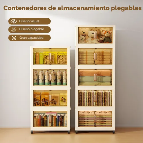 Miniatura 4 de Contenedores de almacenamiento de plástico de 5 niveles con tapas, caja de almacenamiento plegable con puertas y ruedas, contenedores