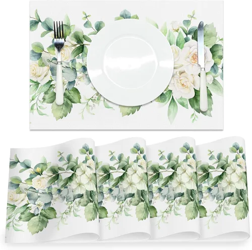 AOFOTO Juego de 4 manteles individuales con estampado floral de hojas de eucalipto verdes con acuarela, manteles individuales rectangulares lavables