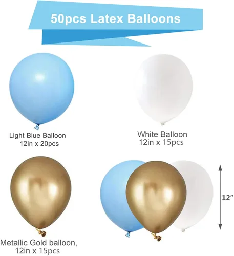 Miniatura 2 de Globos de látex azul dorado y blanco, paquete de 50 globos azul claro de 12 pulgadas, globos de helio para niños, baby shower, cumpleaños, despedida