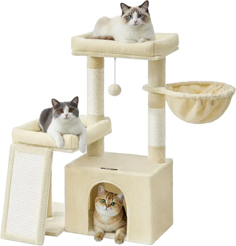 Miniatura 8 de Feandrea Árbol para gatos, torre para gatos con postes rascadores y rampa, 2 perchas grandes, cueva, canasta, 33.8 pulgadas de alto, gris oscuro