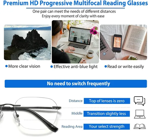 Miniatura 2 de K.LAVER Gafas de lectura sin montura progresivas multifocales fotocromáticas para hombres y mujeres, anti transición de luz azul, lectores