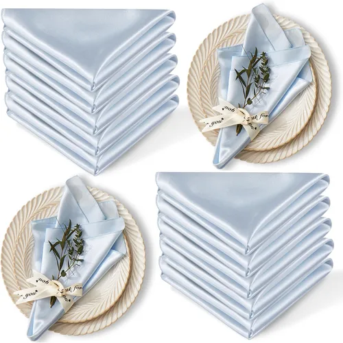 Paquete de 12 servilletas de satén de 17 x 17 pulgadas, servilletas de boda sedosas, color azul bebé, lavables, juego de servilletas de lujo para
