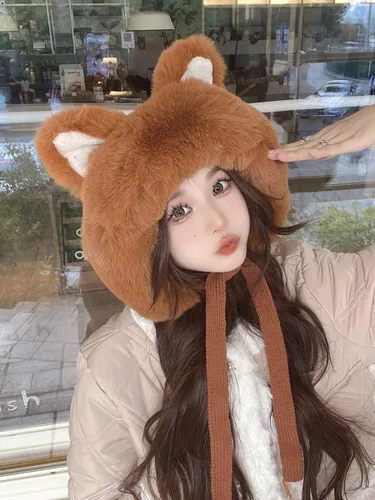 Miniatura 7 de Gorro de invierno de piel sintética para mujer, con orejas de gato de zorro, con orejera, pompón, sombrero de trampero de felpa cálida rusa
