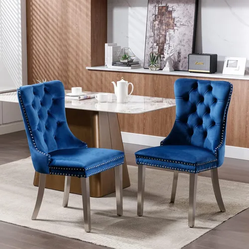 Miniatura 21 de Juego de 2 sillas de comedor de terciopelo, sillas decorativas tapizadas con patas de metal plateado, ribete de cabeza de clavo, tirador de anillo
