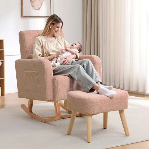 Miniatura 22 de HCHAIRH Mecedora para guardería con otomana, mecedora tapizada con respaldo alto y bolsillo lateral, sillón con patas de madera maciza para Gris