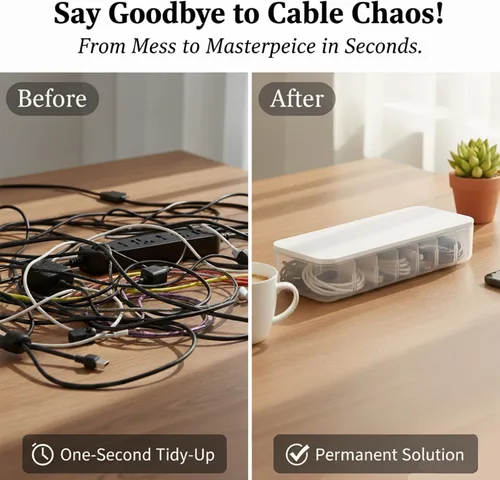 Miniatura 7 de Caja organizadora de cables con 7 bridas para cables, paquete de 2 cajas de almacenamiento de gestión de cables de escritorio con tapa, 7